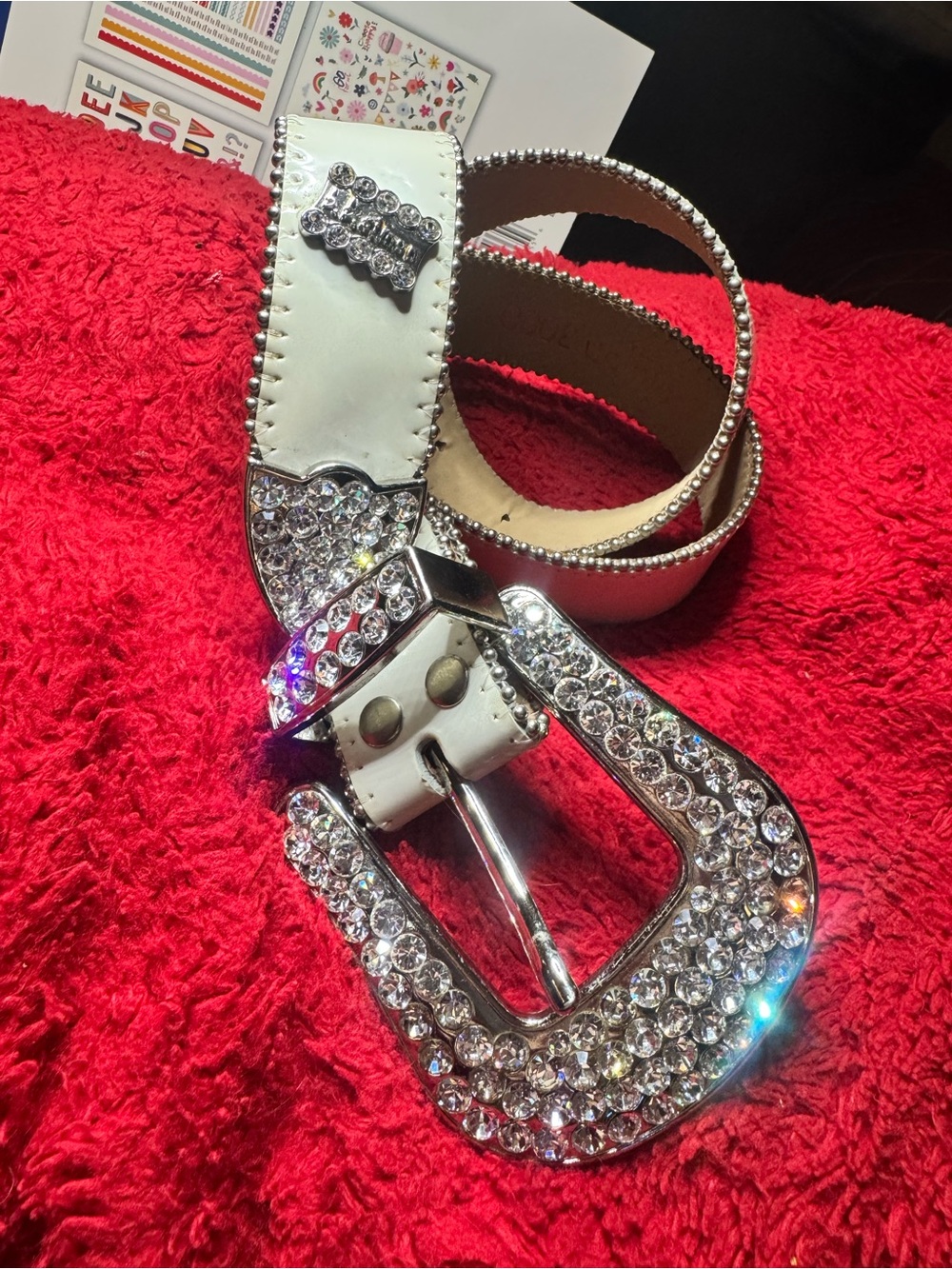 B.B. Simon White Crystal-Embellished Leather Belt